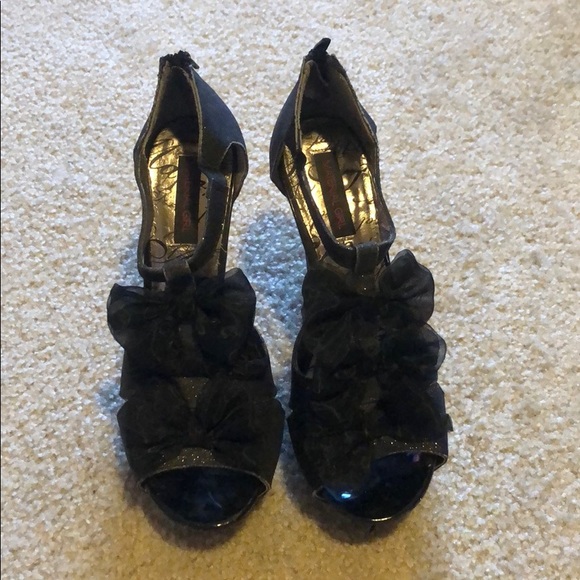 Material Girl Shoes - Material Girl Black Sparkle Bow Heels